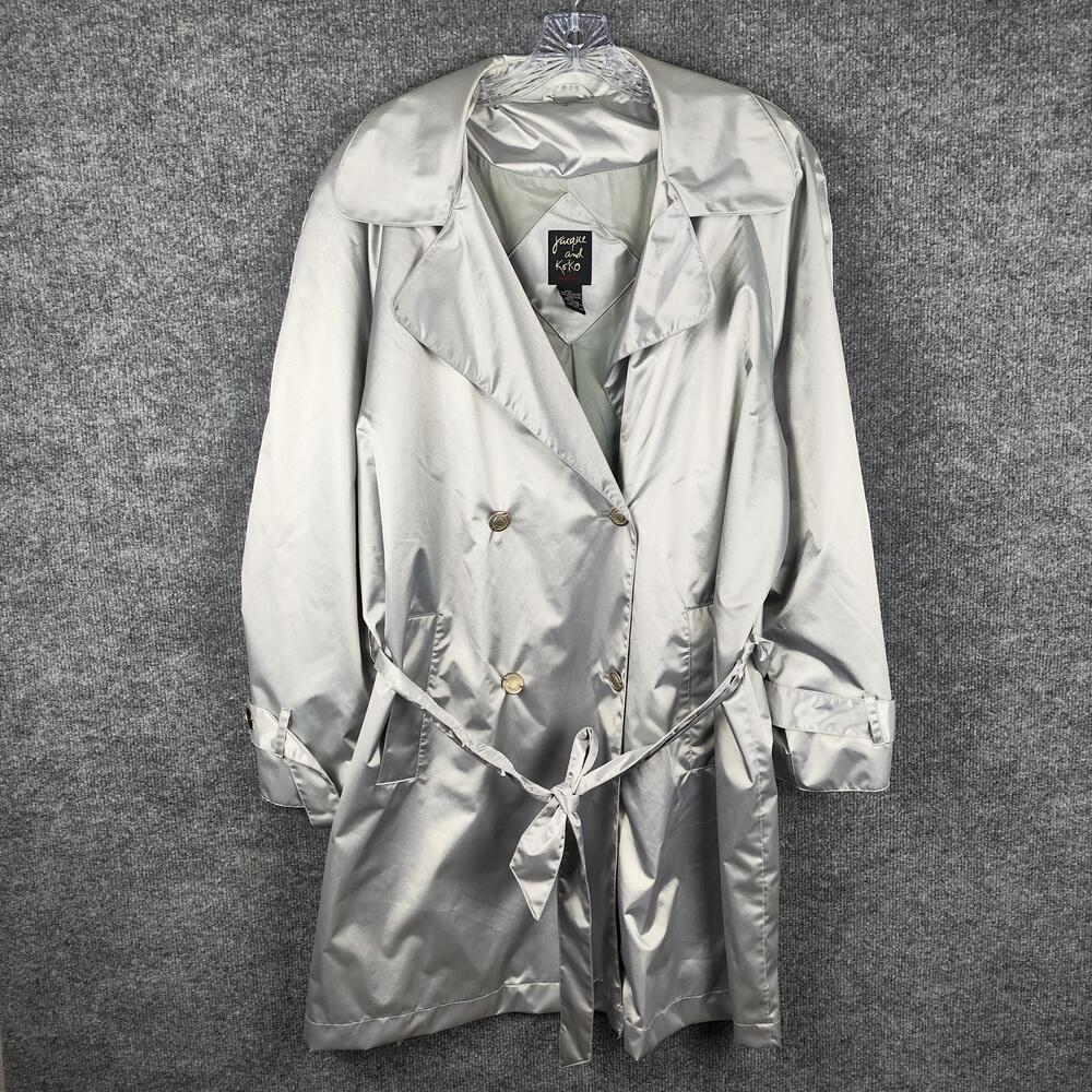 Jacque And Koko Coat Womens 14/16 Silver Satin Trench Belted Button Front Rain